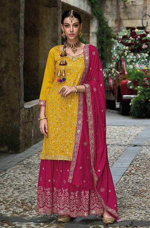 Yellow Tussar Sharara Suit With Jacket 197411 | Party wear indian dresses,  Trendy dresses, Designer party wear dresses